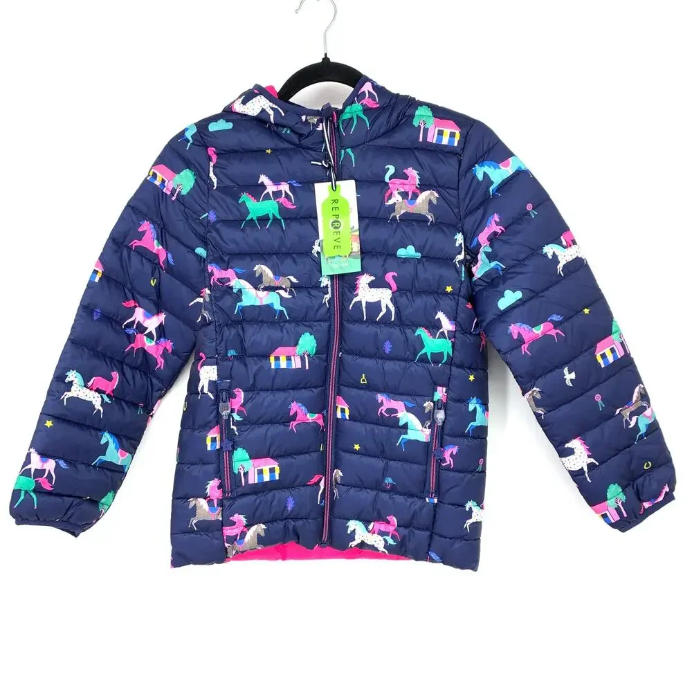 Joules Right As Rain Collection Girls Sz 10 Rain Jacket Blue Horses Packable NEW